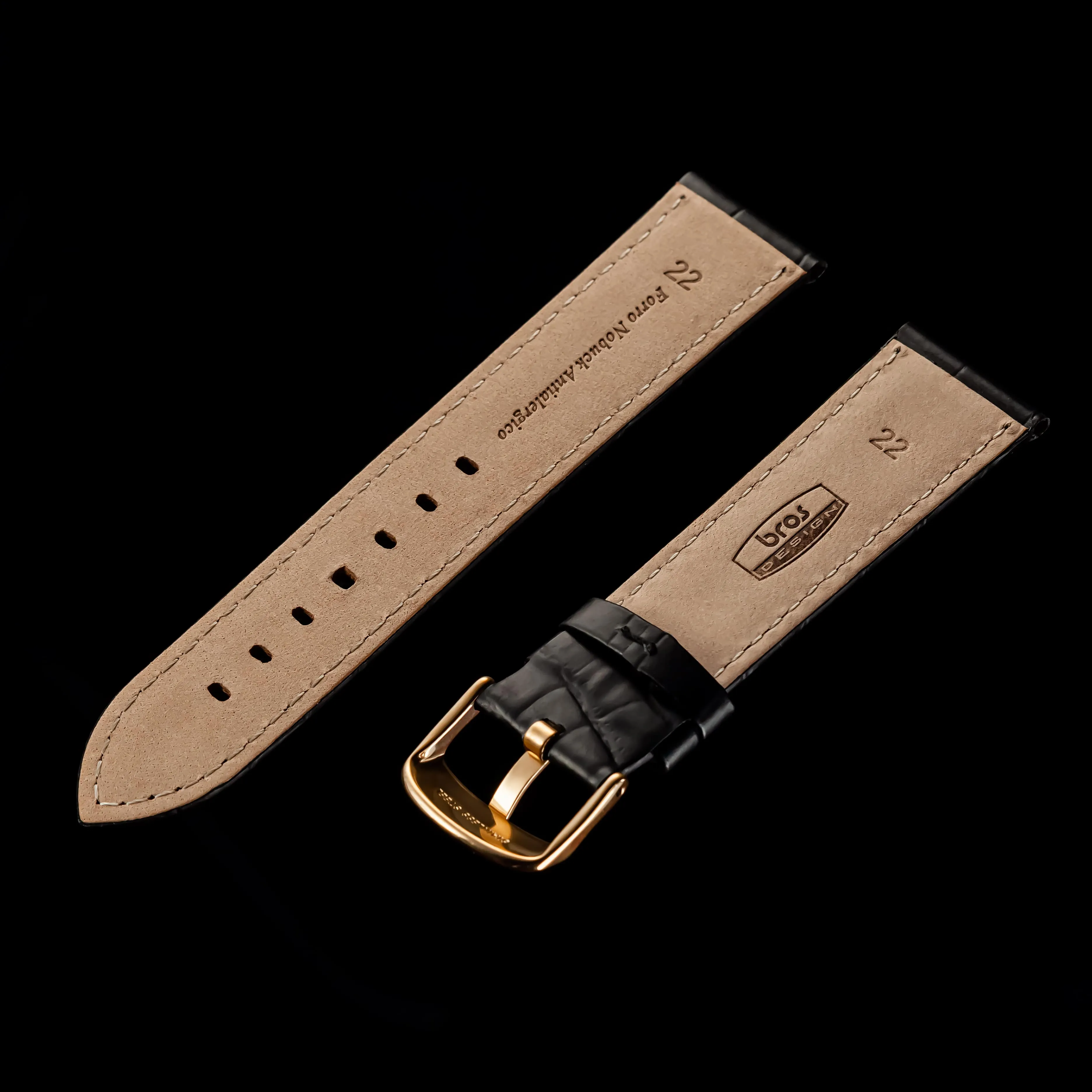 Double Layered Replacement Black Leather Crocodile Pattern Watch Band 22 mm