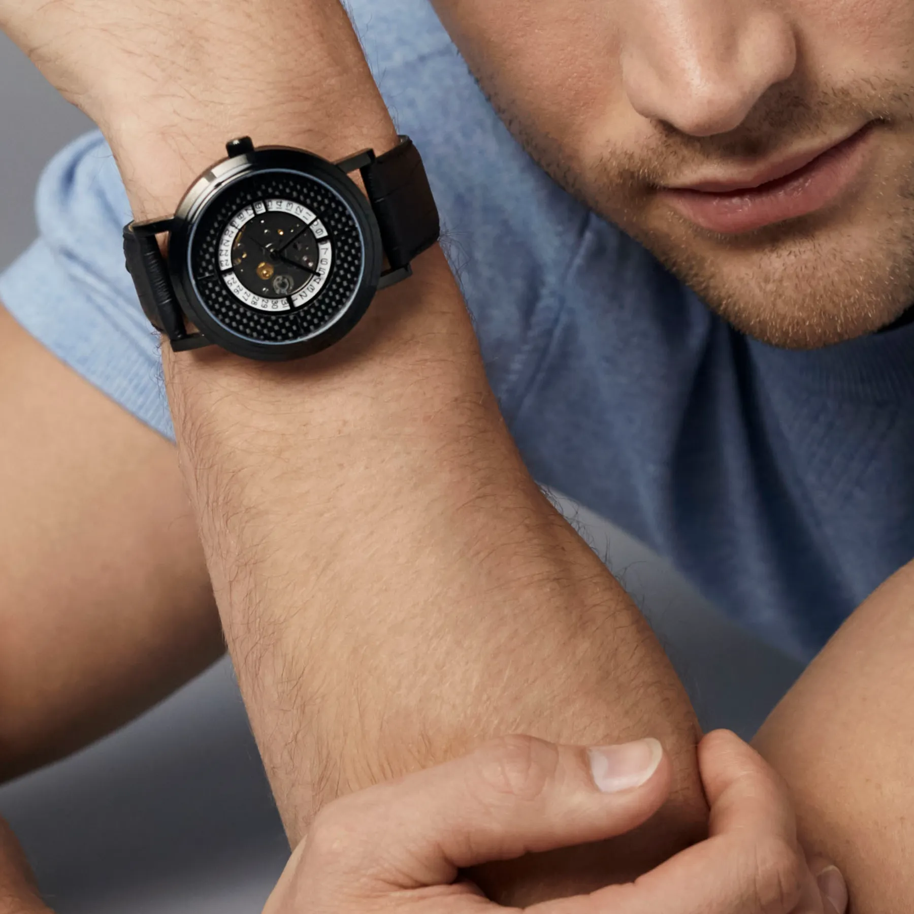 Esposto Automatic watch with black leather, black carbon fibre and black IP plated stainless steel