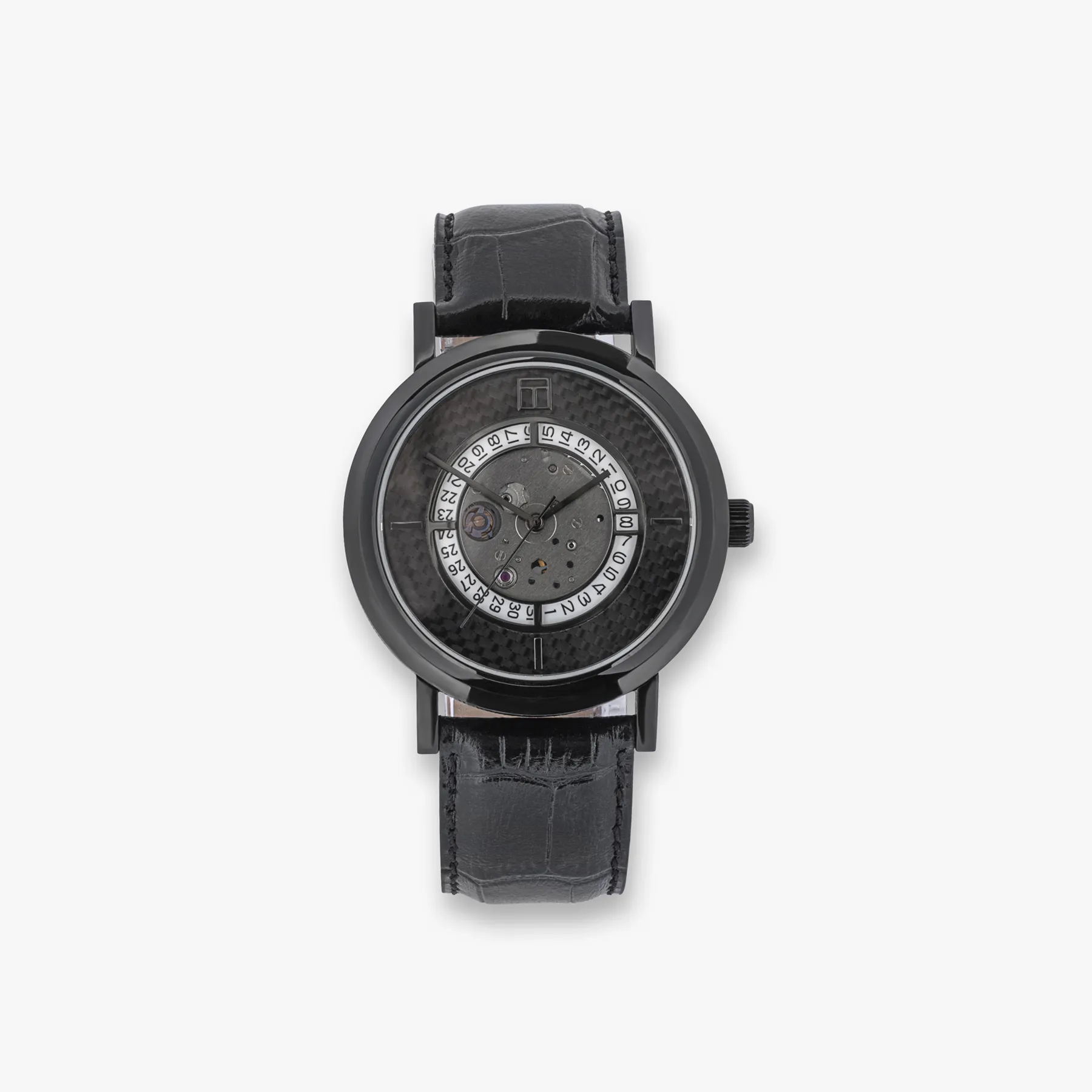 Esposto Automatic watch with black leather, black carbon fibre and black IP plated stainless steel