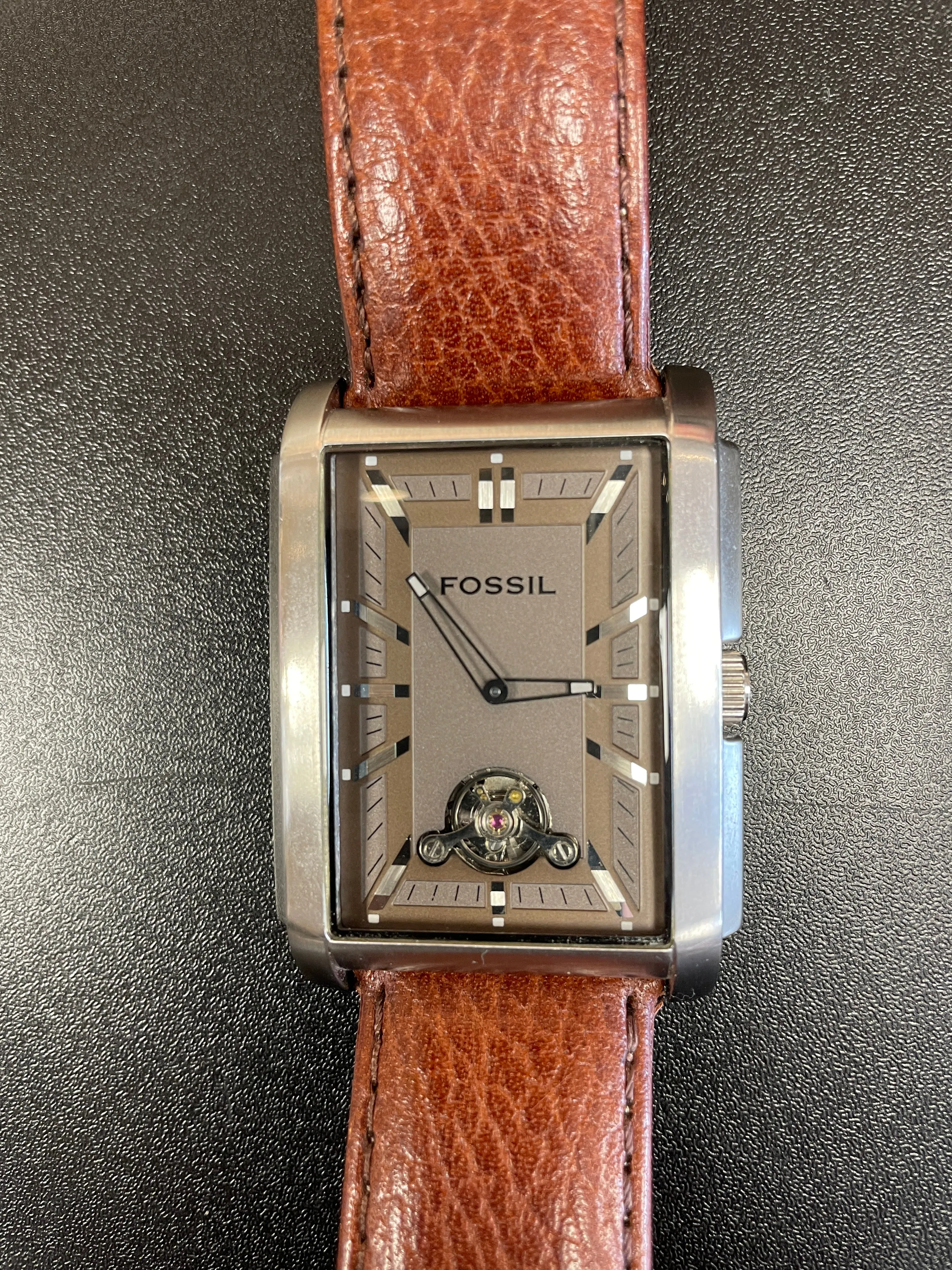 Fossil Steel Watch with Tan Leather Strap