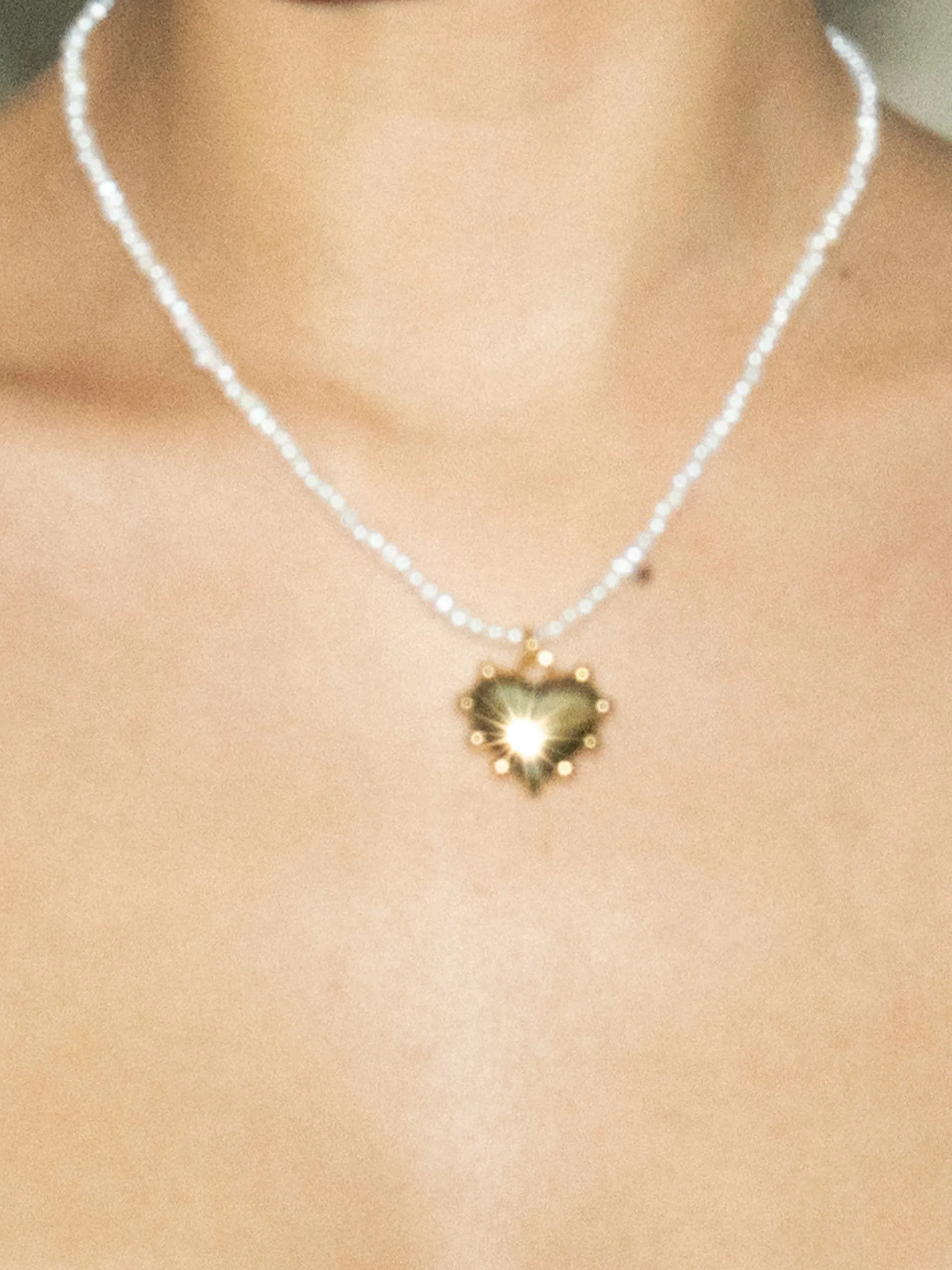 Gold Milagros heart pearl chain necklace