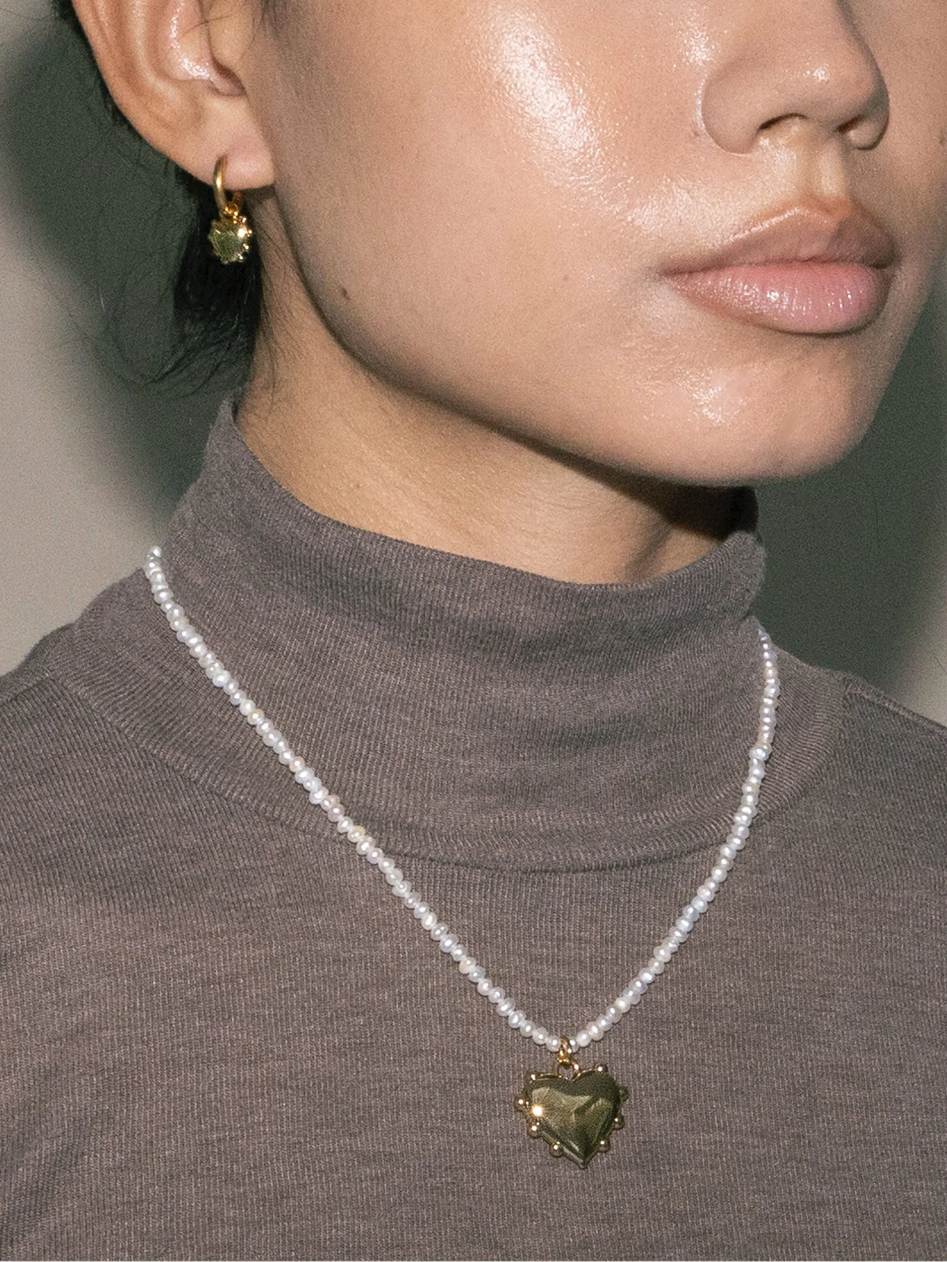 Gold Milagros heart pearl chain necklace