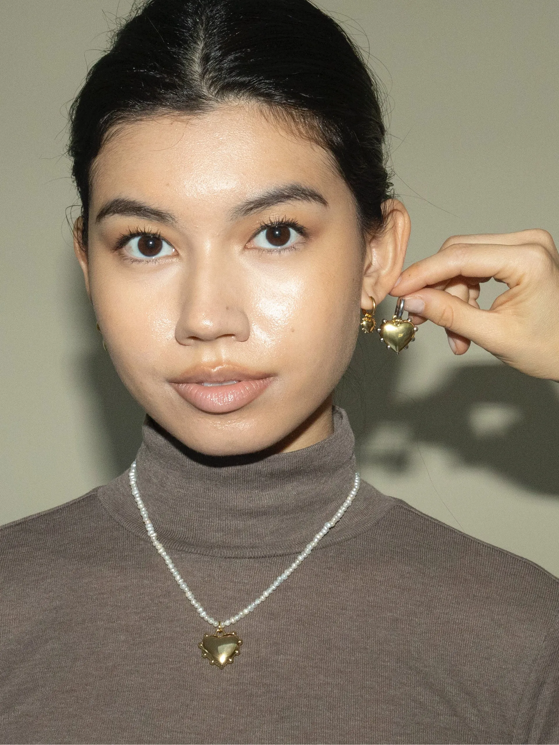 Gold Milagros heart pearl chain necklace