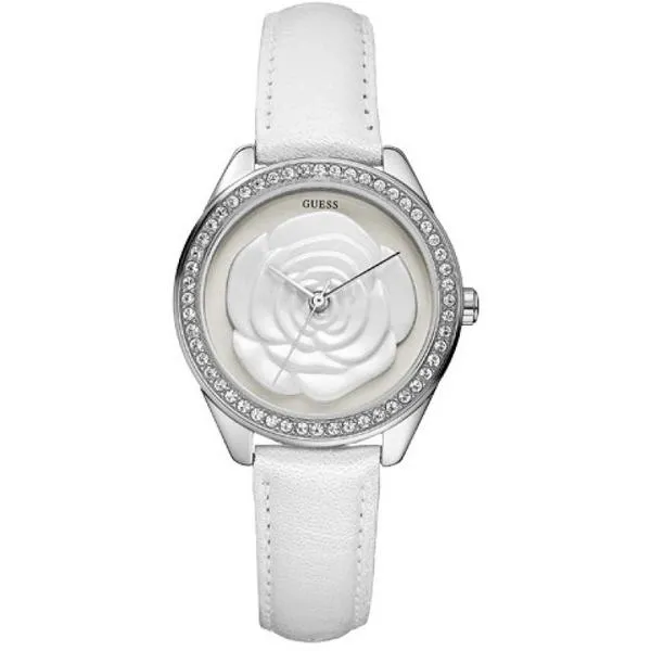 Guess Rosette White Dial Leather Strap Ladies Watch W75043L1