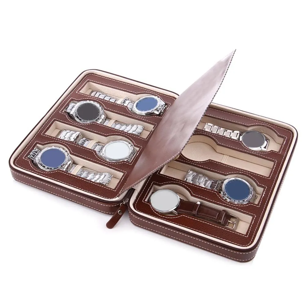 Maxime Portable Leather Zipper Travel Watch Storage Case 2/4/8 Grids