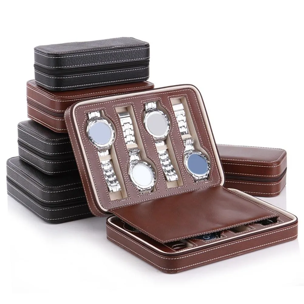 Maxime Portable Leather Zipper Travel Watch Storage Case 2/4/8 Grids