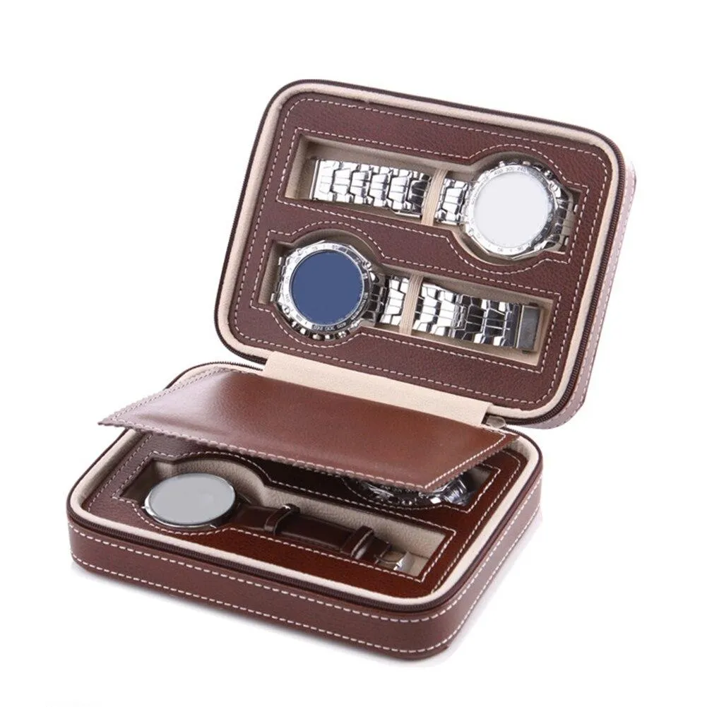 Maxime Portable Leather Zipper Travel Watch Storage Case 2/4/8 Grids