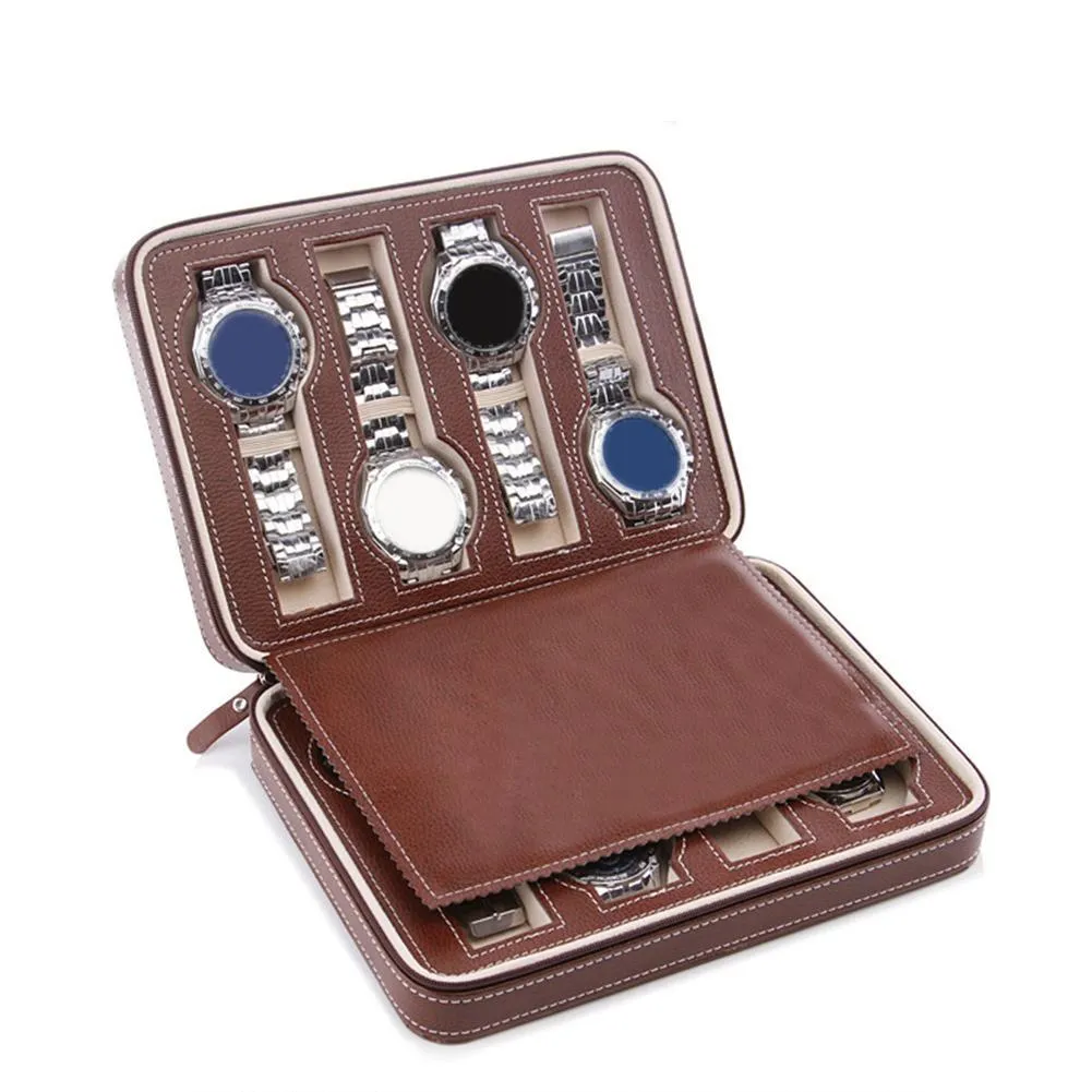 Maxime Portable Leather Zipper Travel Watch Storage Case 2/4/8 Grids
