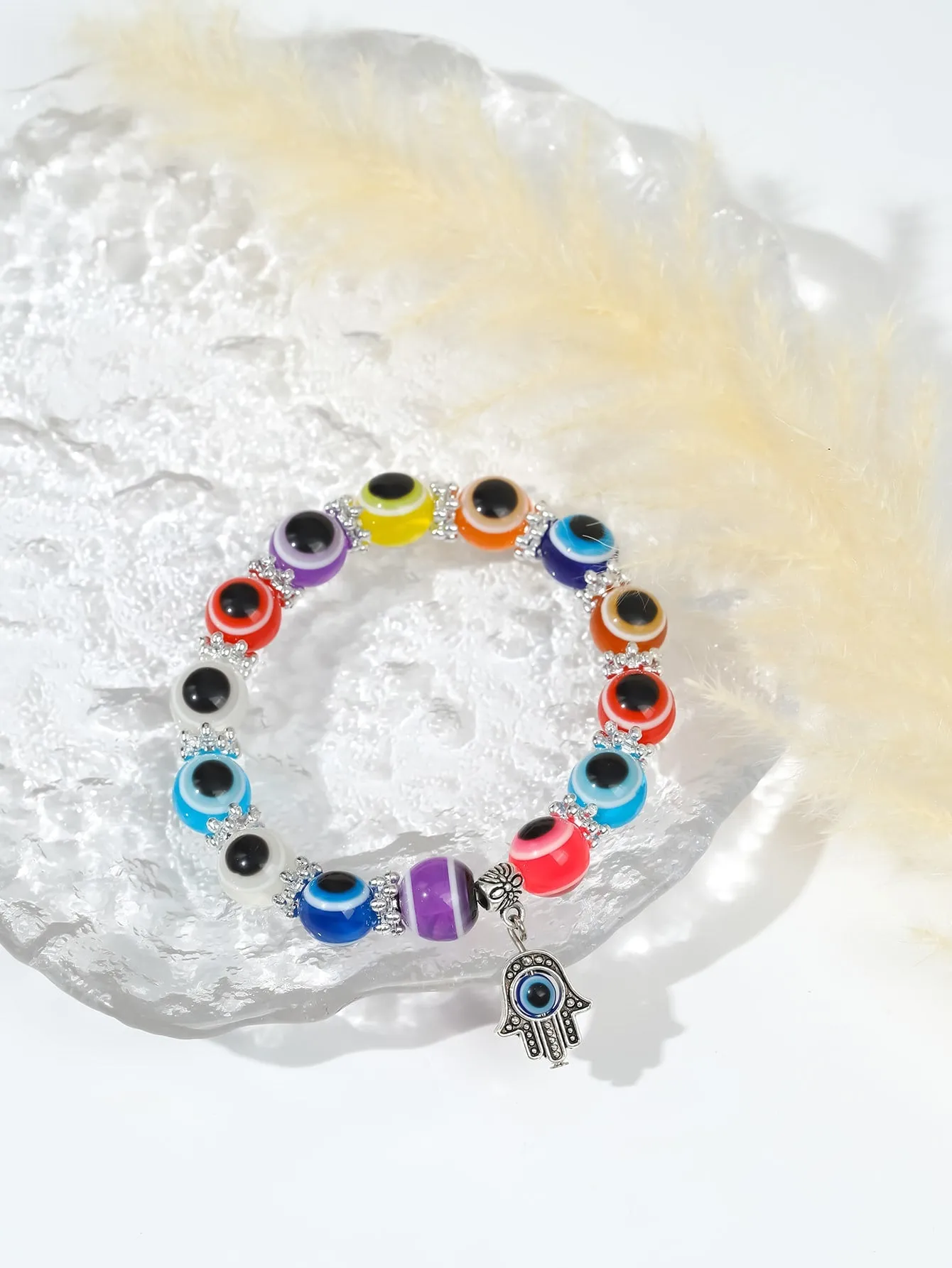 Multicolor Hand Charm Eyeball Decor Beaded Bracelet Stackable Stretch Bracelets