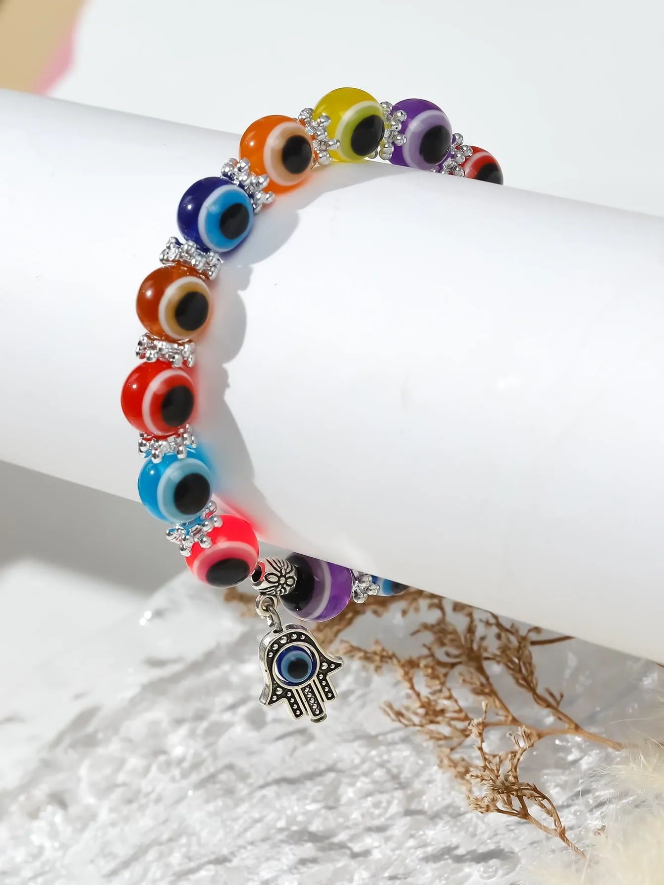 Multicolor Hand Charm Eyeball Decor Beaded Bracelet Stackable Stretch Bracelets