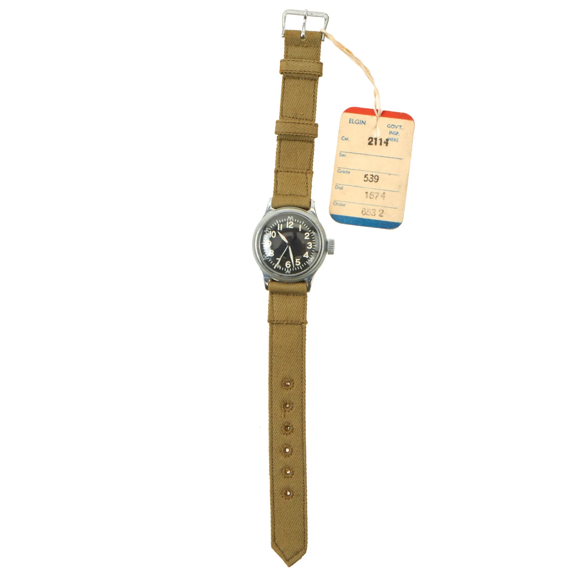 Original U.S. WWII New Old Stock A-11 USAAF Wrist Watch by Elgin With Factory Tag - Serial # T424462 (1944)