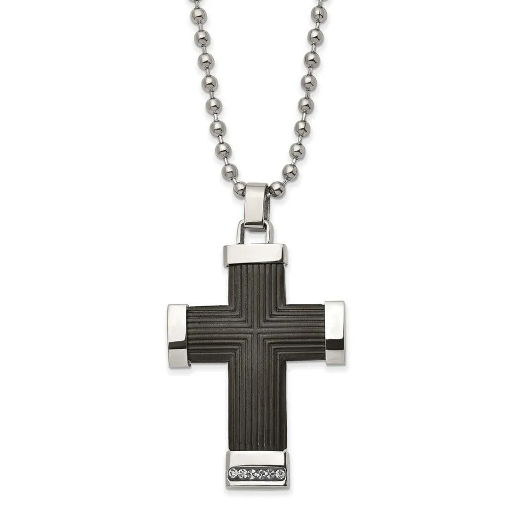 Primal Steel Stainless Steel Polished Black IP-plated Preciosa Crystal Cross Necklace