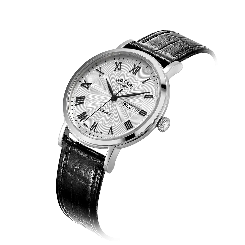 Rotary Gents Stainless Steel Day/Date Black Leather Strap Watch