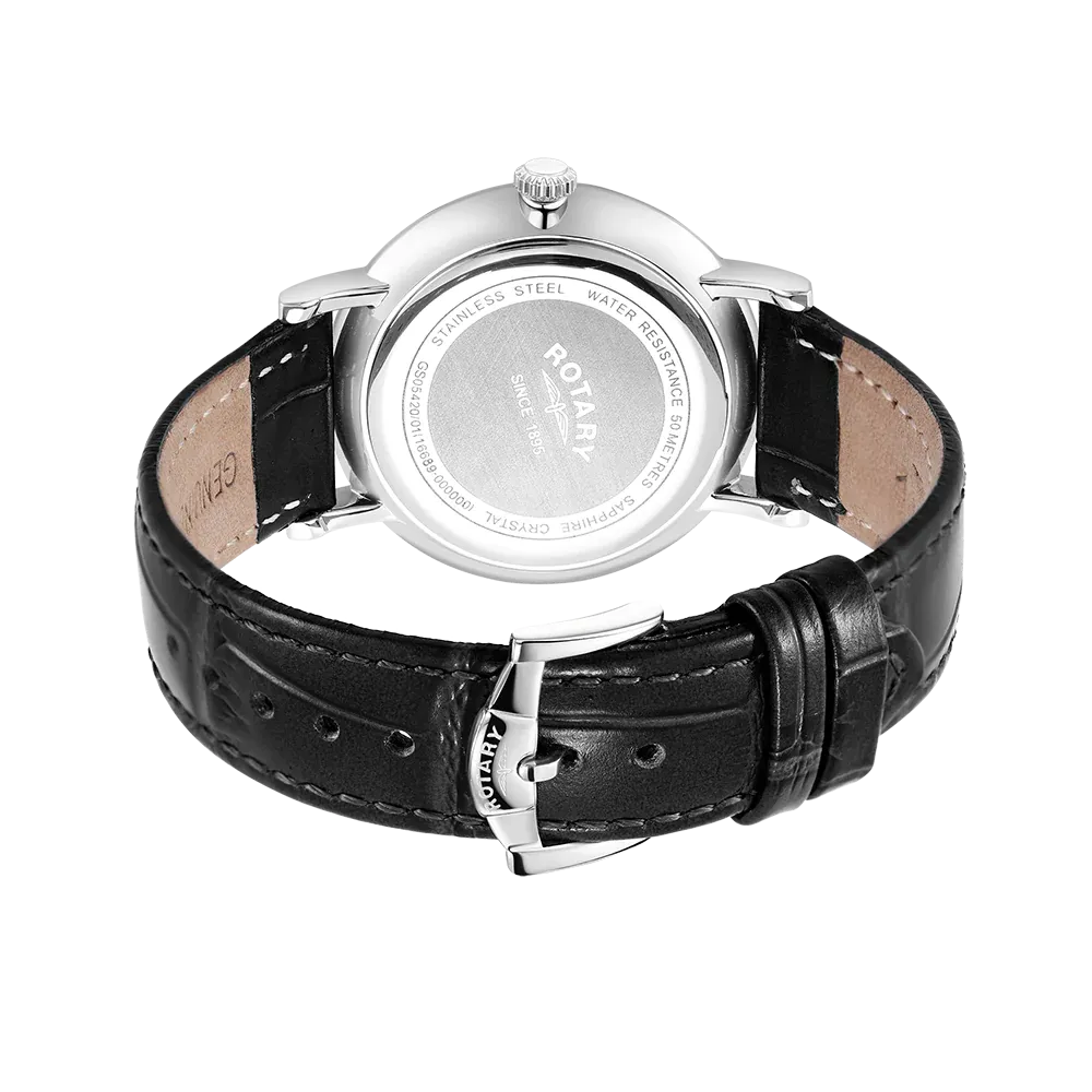 Rotary Gents Stainless Steel Day/Date Black Leather Strap Watch