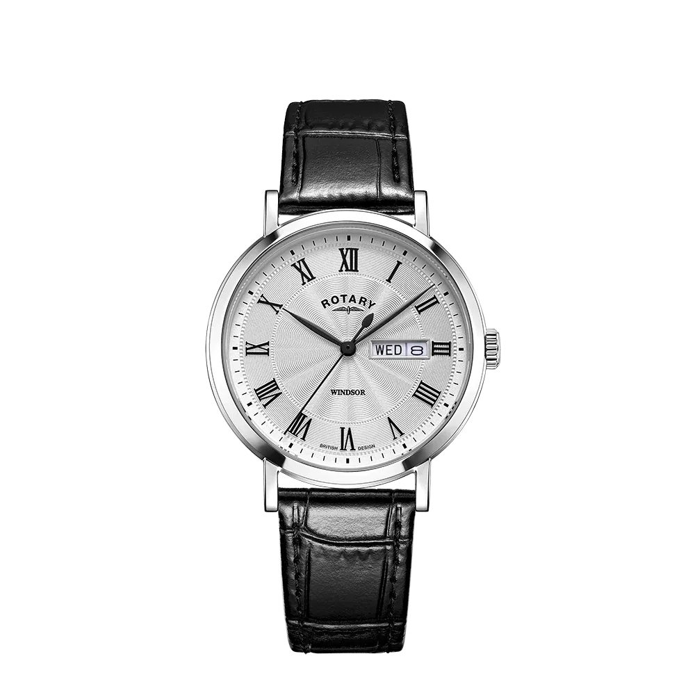 Rotary Gents Stainless Steel Day/Date Black Leather Strap Watch