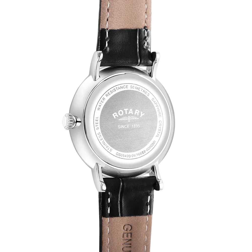 Rotary Gents Stainless Steel Day/Date Black Leather Strap Watch