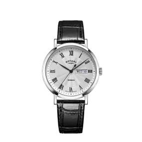 Rotary Gents Stainless Steel Day/Date Black Leather Strap Watch