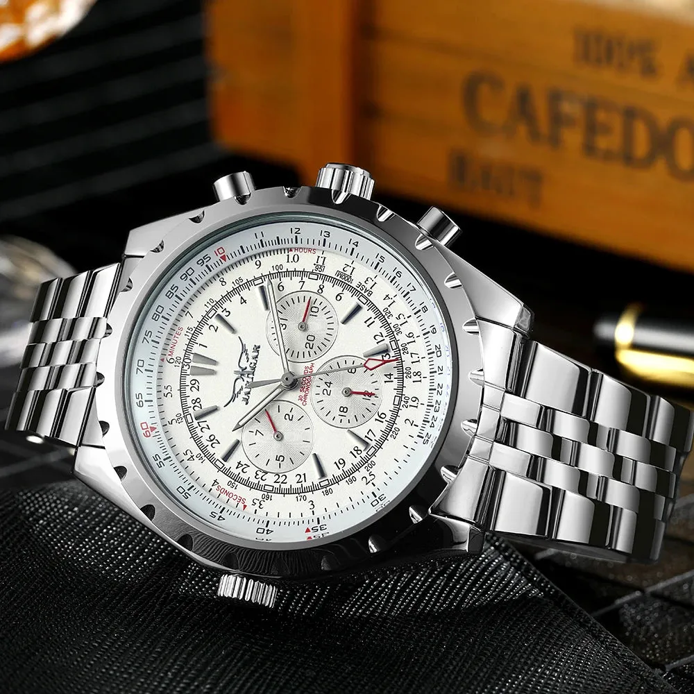 Sports Multifunction Mens Watch Luxury Brand Military Automatic Mechanical Watches Silver Stainless Steel Strap JARAGAR Clock