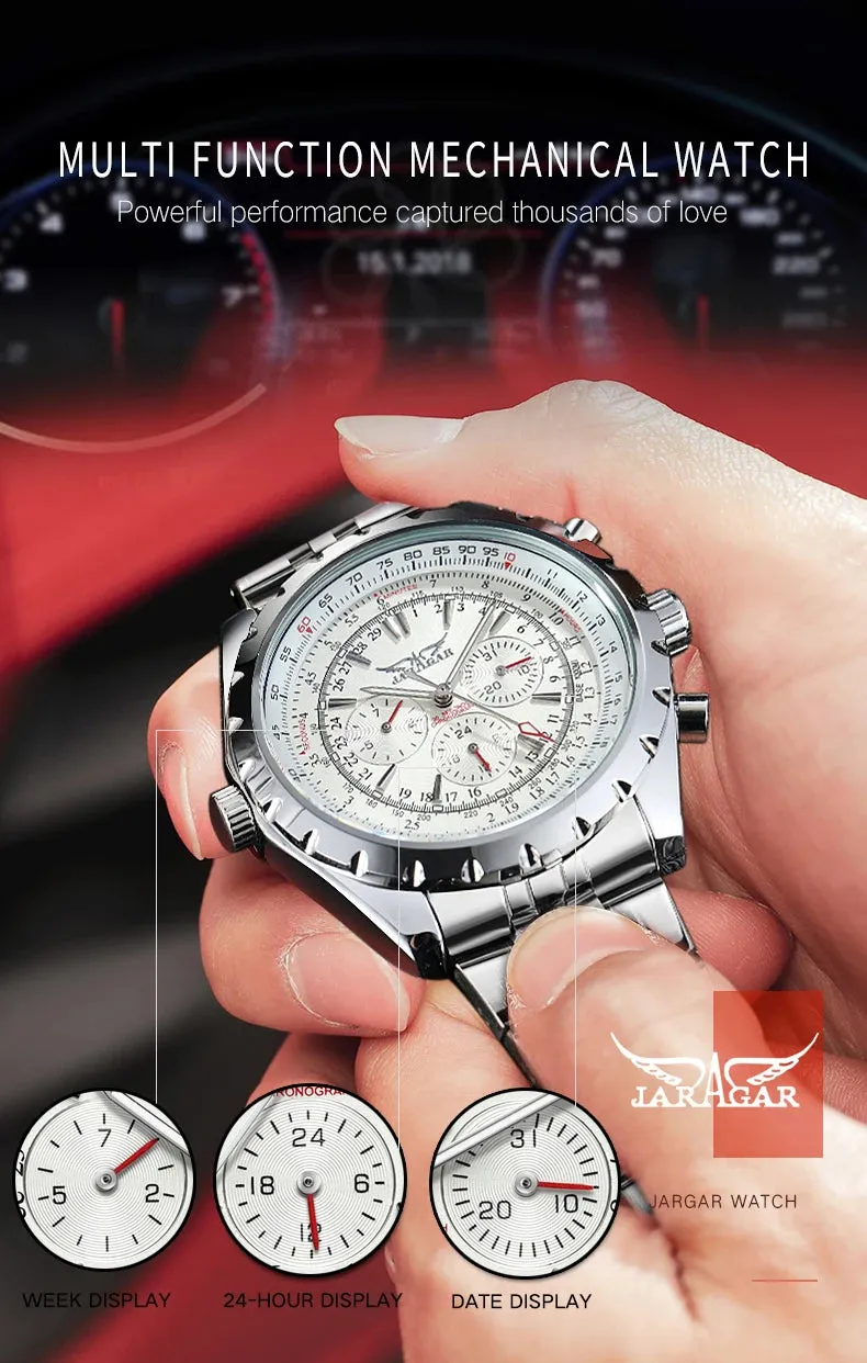 Sports Multifunction Mens Watch Luxury Brand Military Automatic Mechanical Watches Silver Stainless Steel Strap JARAGAR Clock