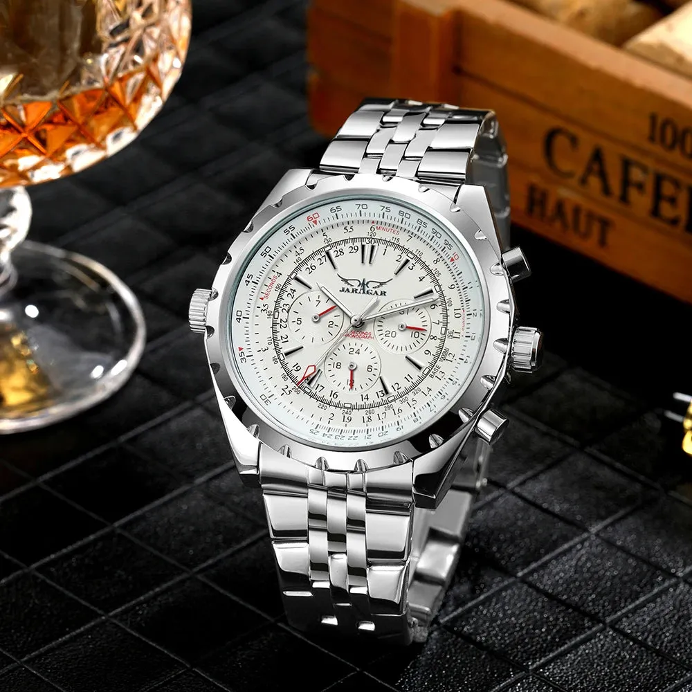 Sports Multifunction Mens Watch Luxury Brand Military Automatic Mechanical Watches Silver Stainless Steel Strap JARAGAR Clock