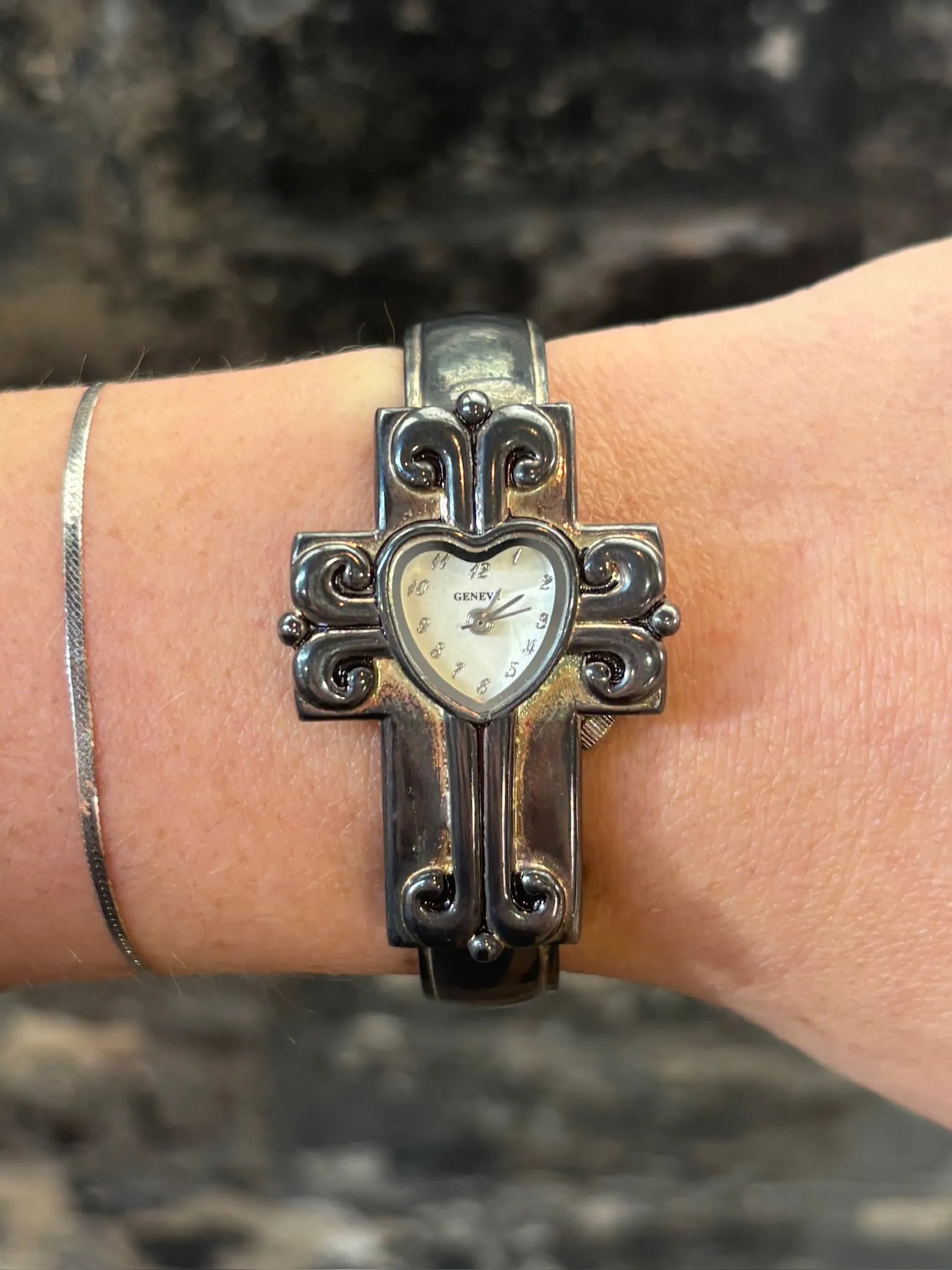 Vintage Oxidized Gunmetal Geneva Cross Cuff Style Wristwatch