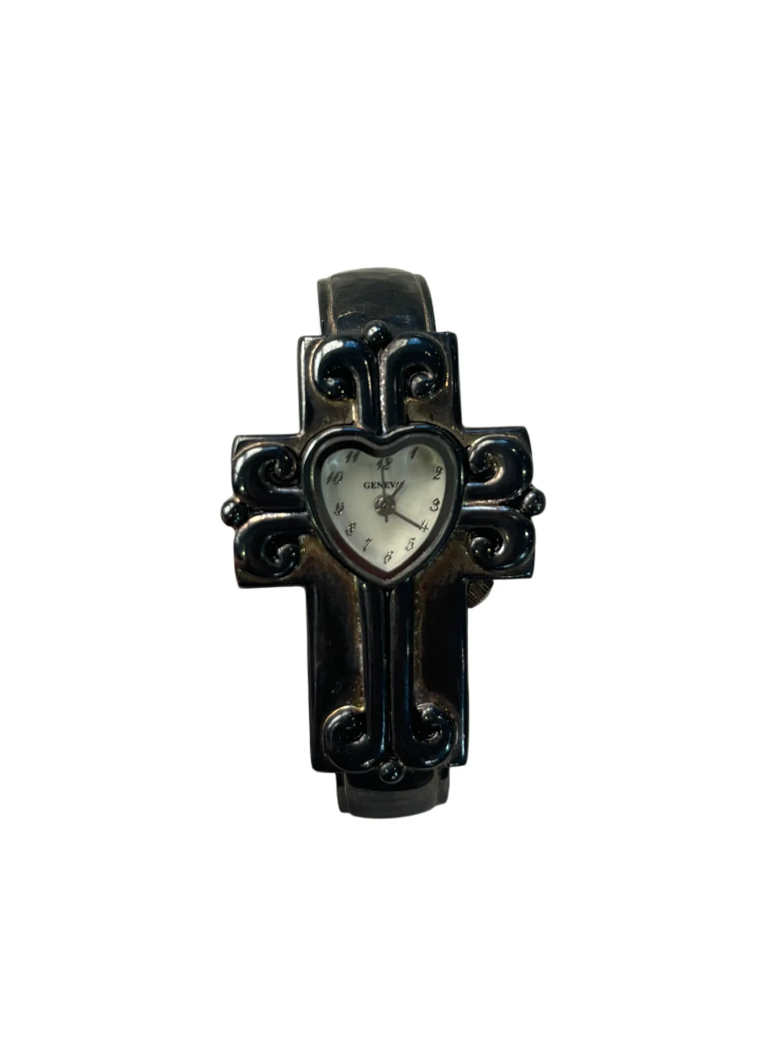 Vintage Oxidized Gunmetal Geneva Cross Cuff Style Wristwatch