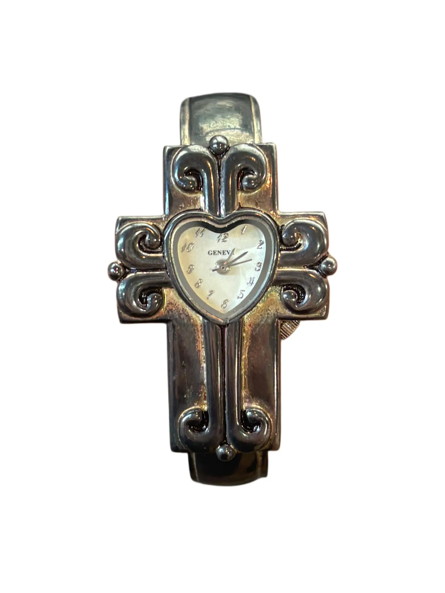 Vintage Oxidized Gunmetal Geneva Cross Cuff Style Wristwatch