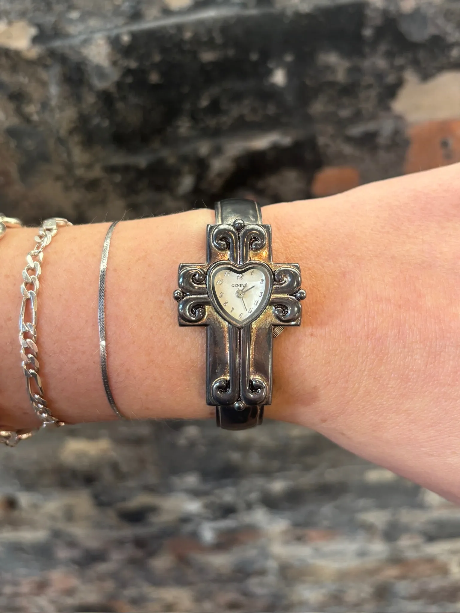 Vintage Oxidized Gunmetal Geneva Cross Cuff Style Wristwatch
