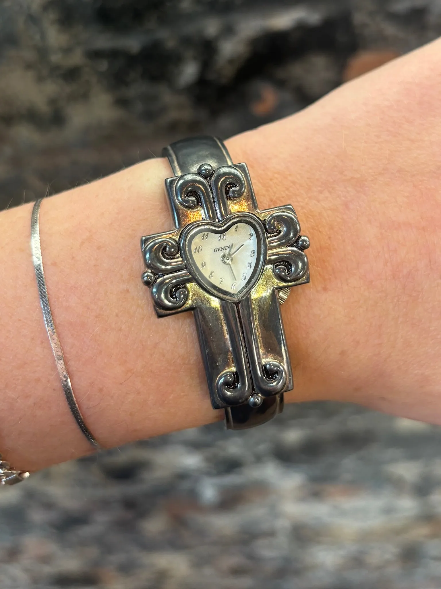 Vintage Oxidized Gunmetal Geneva Cross Cuff Style Wristwatch