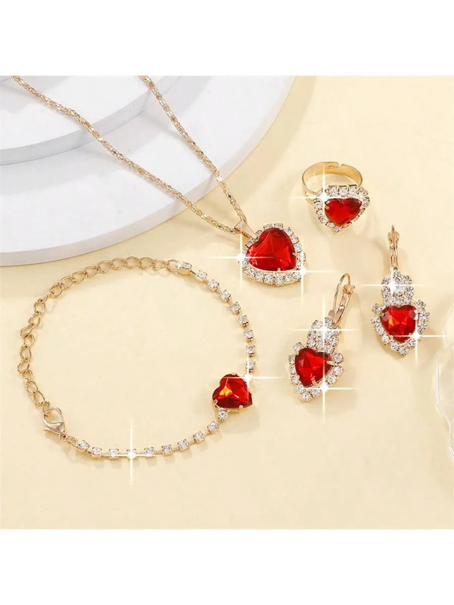 Women's Full Cubic Zirconia Charm Necklace, Earrings, Ring And Bracelet Set
