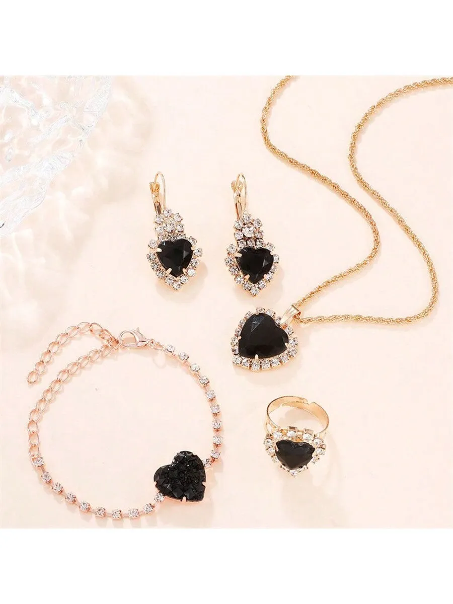 Women's Full Cubic Zirconia Charm Necklace, Earrings, Ring And Bracelet Set