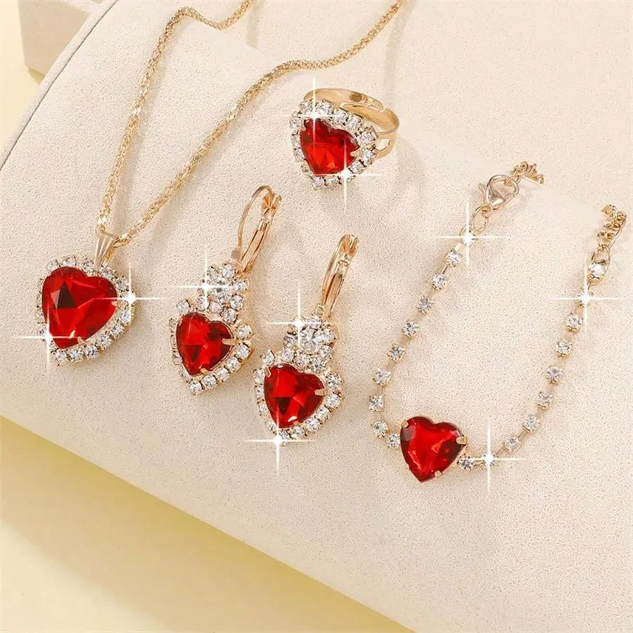 Women's Full Cubic Zirconia Charm Necklace, Earrings, Ring And Bracelet Set