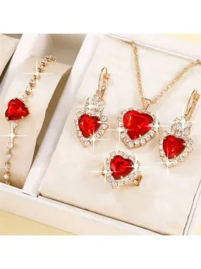 Women's Full Cubic Zirconia Charm Necklace, Earrings, Ring And Bracelet Set