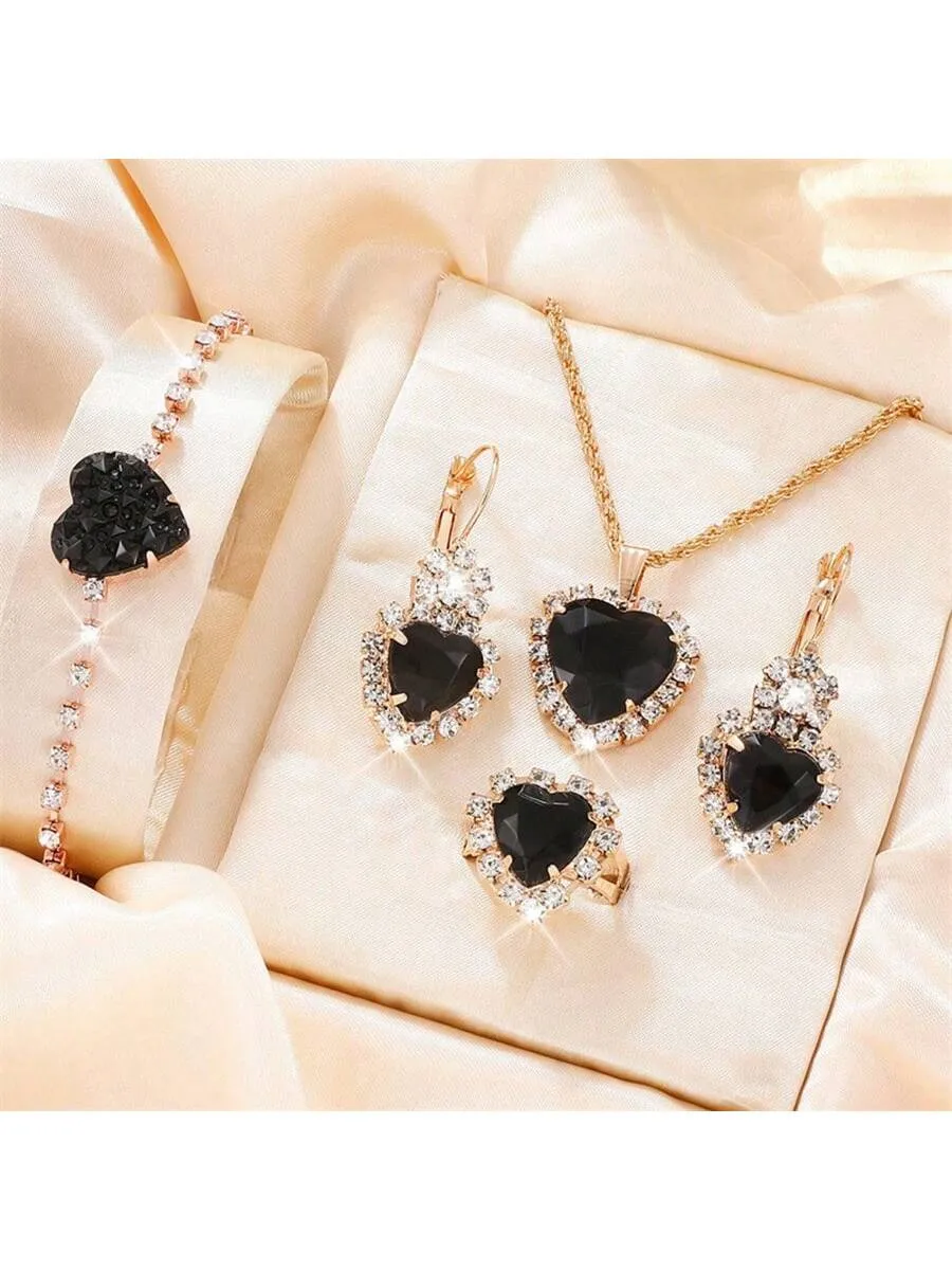 Women's Full Cubic Zirconia Charm Necklace, Earrings, Ring And Bracelet Set