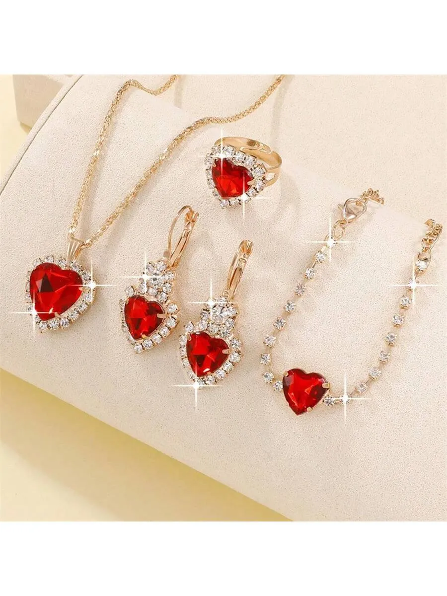 Women's Full Cubic Zirconia Charm Necklace, Earrings, Ring And Bracelet Set