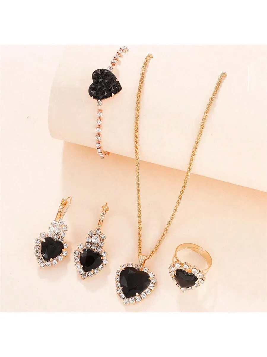 Women's Full Cubic Zirconia Charm Necklace, Earrings, Ring And Bracelet Set